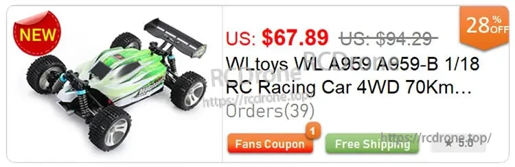 WLtoys A959-B 1:18 Rc Car, WLtoys A959-B 1:18 4WD RC car, reaches 70km/h, $67.89 (28% off), free shipping, rated 5.0, brand new.
