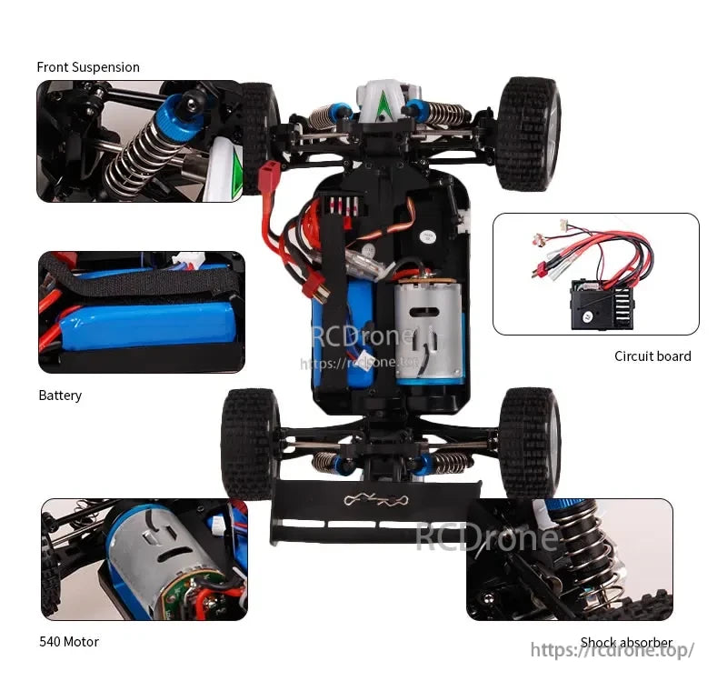 The WLtoys A959-B 1:18 RC car features front suspension, battery, circuit board, 540 motor, and shock absorbers for enhanced performance and durability.