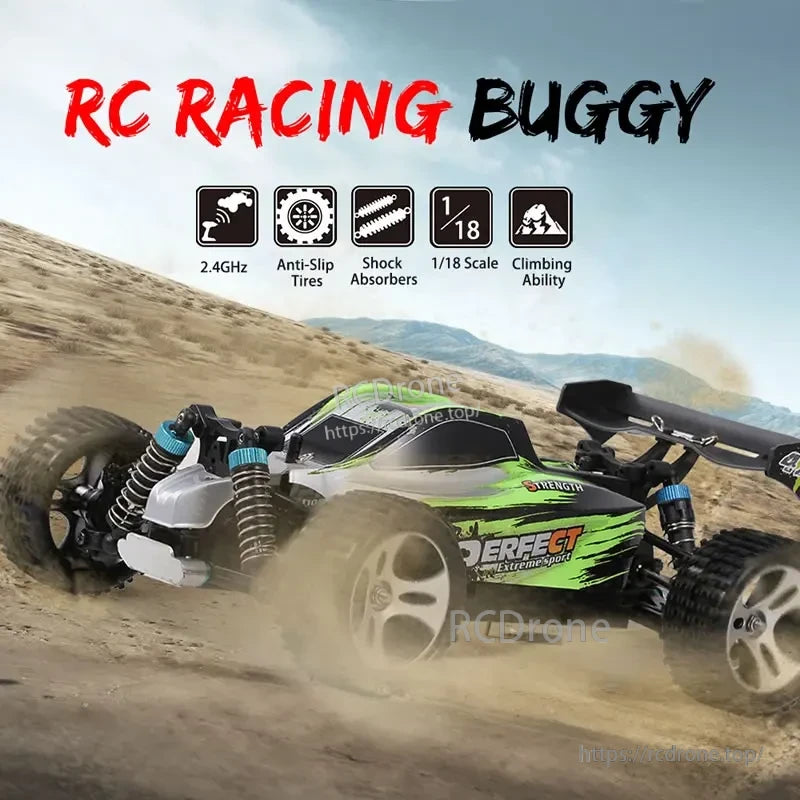 WLtoys A959-B 1:18 Rc Car, 1/18 scale RC racing buggy with 2.4GHz control, anti-slip tires, shock absorbers, and strong climbing ability for off-road performance.