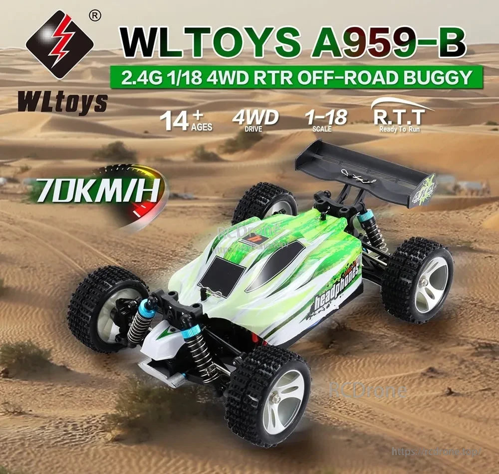 WLtoys A959-B 1:18 Rc Car, WLtoys A959-B 2.4G 1/18 scale 4WD RTR off-road buggy, 70km/h speed, ages 14+, green-white design, ready to run, desert-themed.