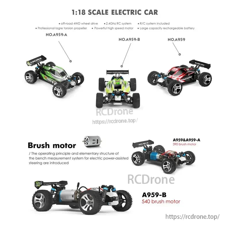 WLtoys A959-B 1:18 Rc Car, 1:18 scale 4WD electric RC car with 2.4GHz control, brush motor, rechargeable battery, and off-road design. Models A959-A, A959-B, A959 feature detailed chassis for high performance. (24 words)