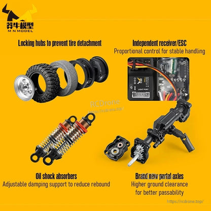 WLtoys MN168 1/12 4WD RC Car, Locking hubs prevent tire detachment; independent receiver and ESC enable proportional control; oil shocks offer adjustable damping; new portal axles boost ground clearance for better off-road performance.