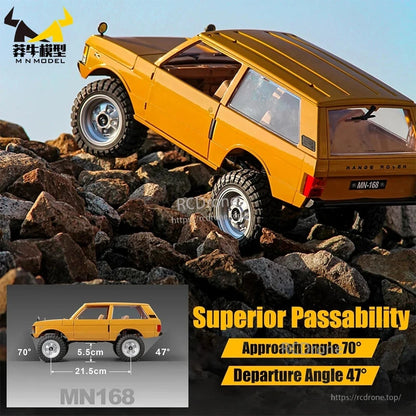 WLtoys MN168 1/12 4WD RC Car, MN168 1/12 4WD RC crawler with 7.4V battery, 50-min runtime, 2-speed, proportional control, LED lights, USB charging, ready-to-run. Features 70° approach and 47° departure angles for superior off-road performance.