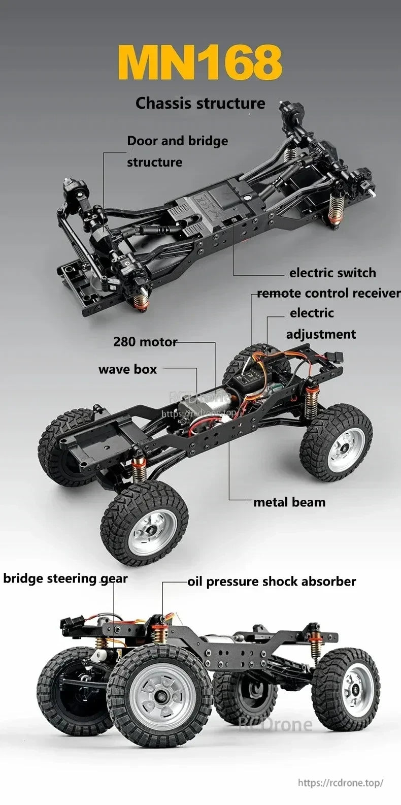 WLtoys MN168 1/12 4WD RC Car, MN168 1/12 scale 4WD RC car chassis features a durable structure, motor, and suspension system for high-performance off-road driving and racing enthusiasts.
