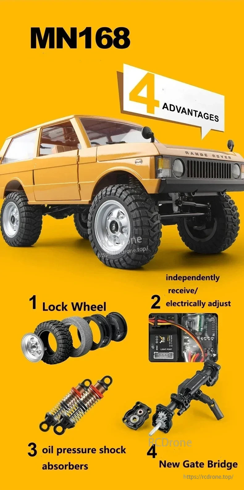 WLtoys MN168 1/12 4WD RC Car, MN168 4WD RC car features lockable wheels, electric adjustment, oil shock absorbers, and a new gate bridge design for enhanced off-road performance and durability.