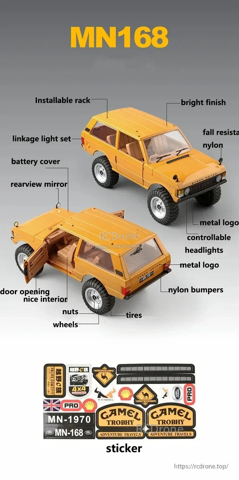 WLtoys MN168 1/12 4WD RC Car, Durable 1/12 scale 4WD RC car with realistic details, metal logos, working lights, opening doors, and authentic stickers. Designed for off-road use, customization, and fall resistance. Includes all assembly parts.