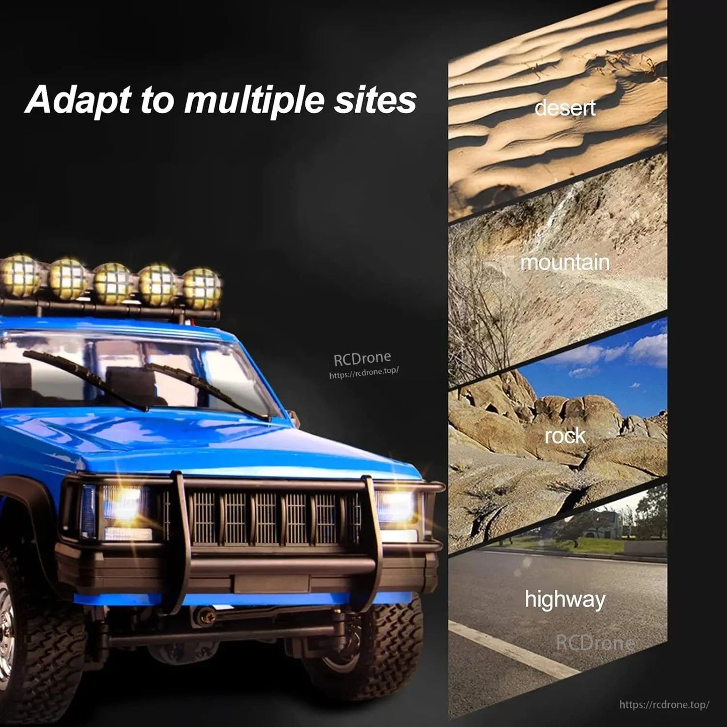 WLtoys MN78 1:12 RTR 4WD Off-Road RC Car, Adapt to desert, mountain, rock, highway terrains with LED lights and 4WD.