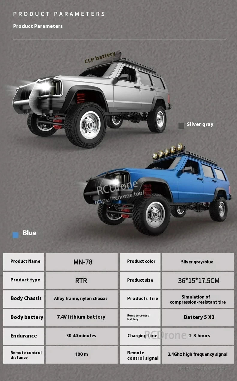 WLtoys MN78 1:12 RTR 4WD Off-Road RC Car, The WLtoys MN-78 is a 1:12 scale 4WD RC car with alloy frame, 7.4V battery, durable tires, 100m range, 30–40min runtime, and 2–3hr charge time.