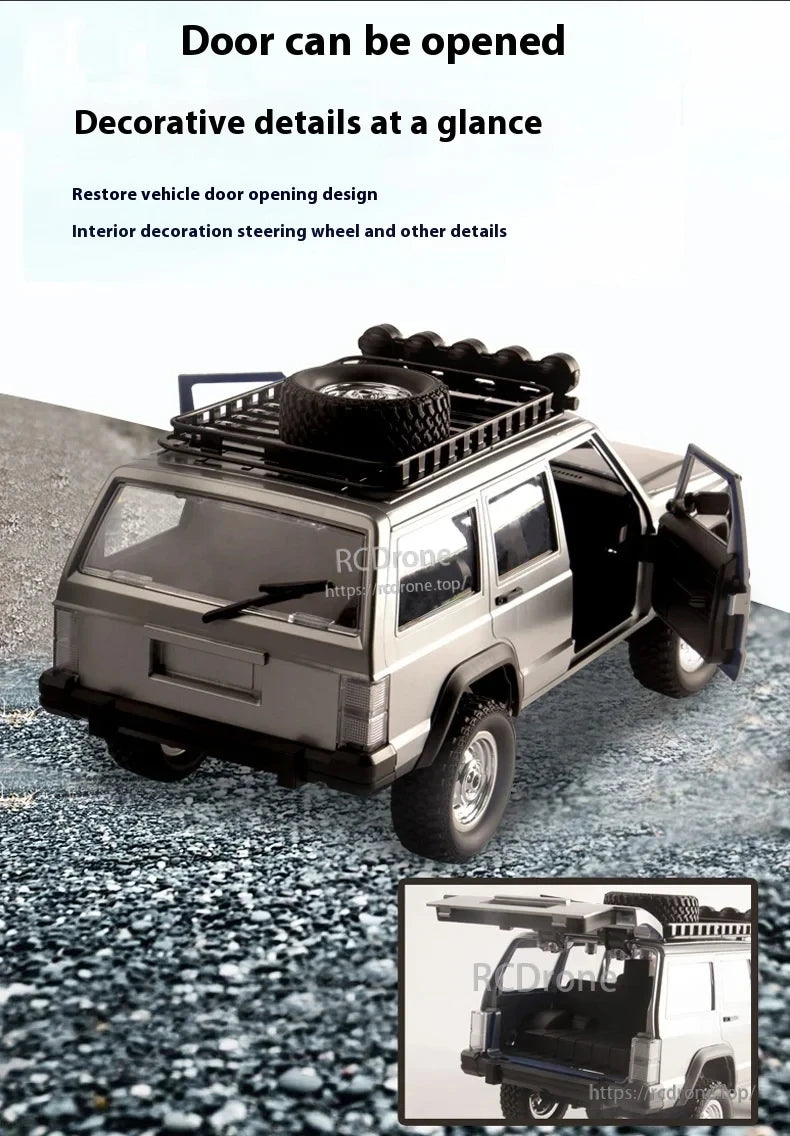 WLtoys MN78 1:12 RTR 4WD Off-Road RC Car, Realistic off-road RC car with opening door, detailed interior, steering wheel, and roof rack holding a spare tire.