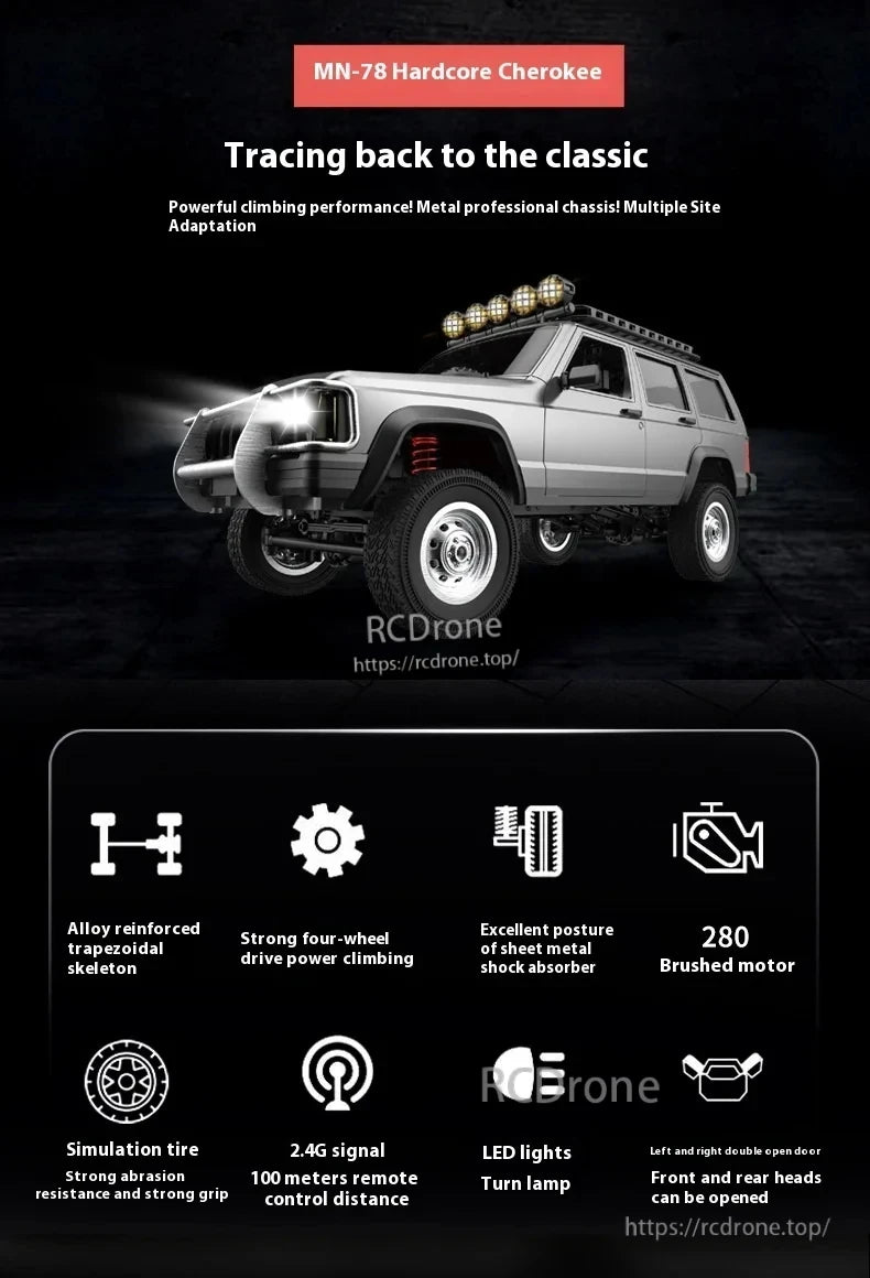 WLtoys MN78 1:12 RTR 4WD Off-Road RC Car, MN-78 Hardcore Cherokee: rugged 4WD RC car with metal chassis, alloy frame, 280 motor, LED lights, openable doors, and strong off-road performance.