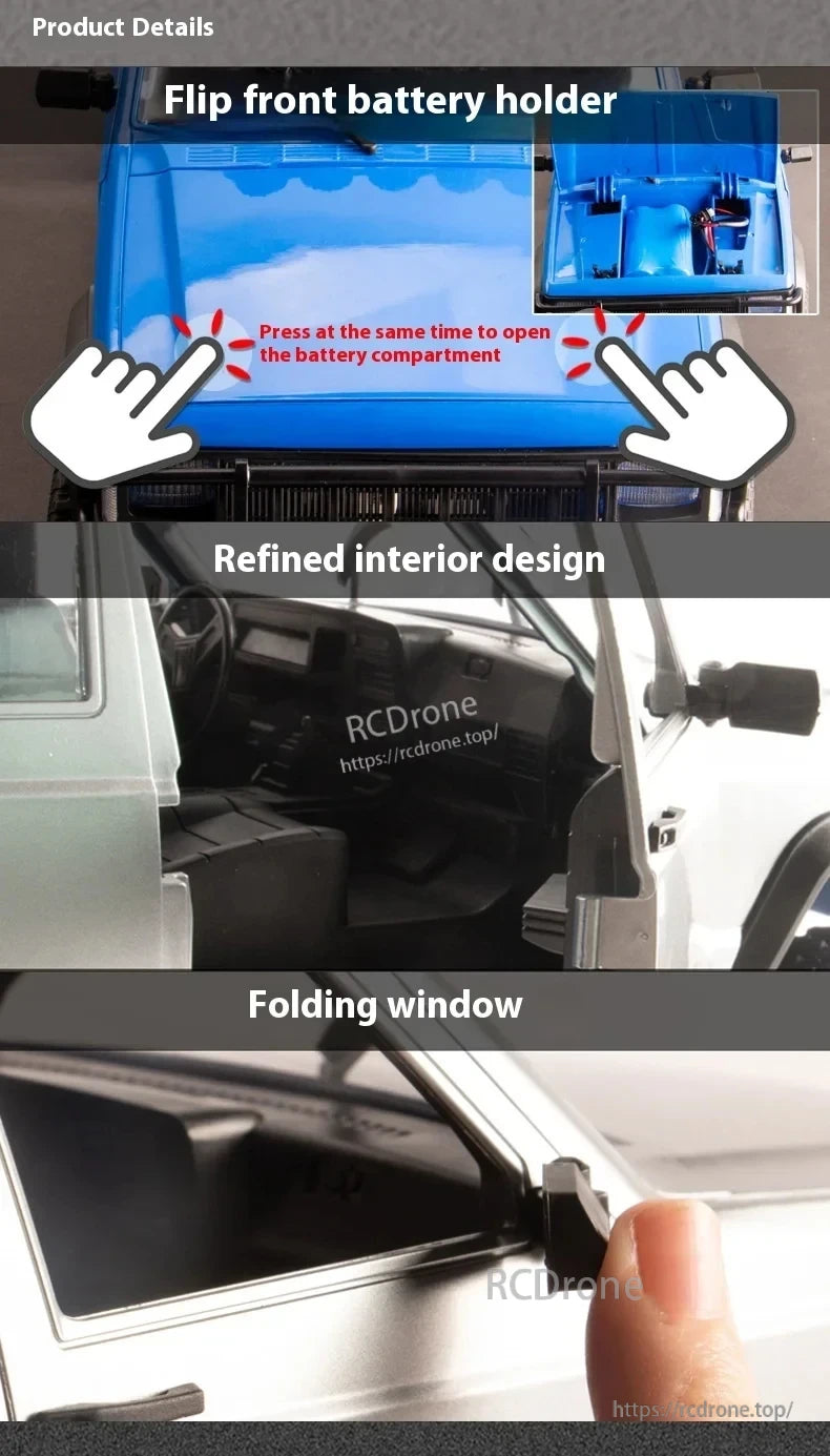 WLtoys MN78 1:12 RTR 4WD Off-Road RC Car, Flip front battery holder, refined interior design, folding window. Press simultaneously to open battery compartment.