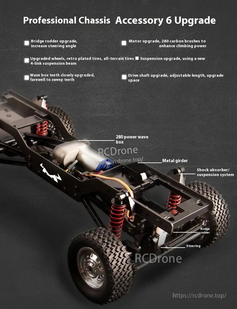 WLtoys MN78 1:12 RTR 4WD Off-Road RC Car, Upgraded chassis with enhanced rudder, motor, wheels, suspension, wave box, and drive shaft. Includes 280 power wave box, metal girder, shock absorbers, steering, and all-terrain tires for superior performance.