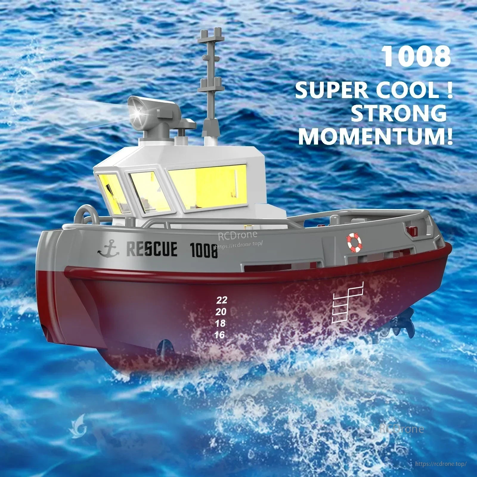 WLtoys S820 RC Boat, RC rescue boat features a spotlight, intricate design, and powerful performance on blue water—impressively realistic and cool. (24 words)