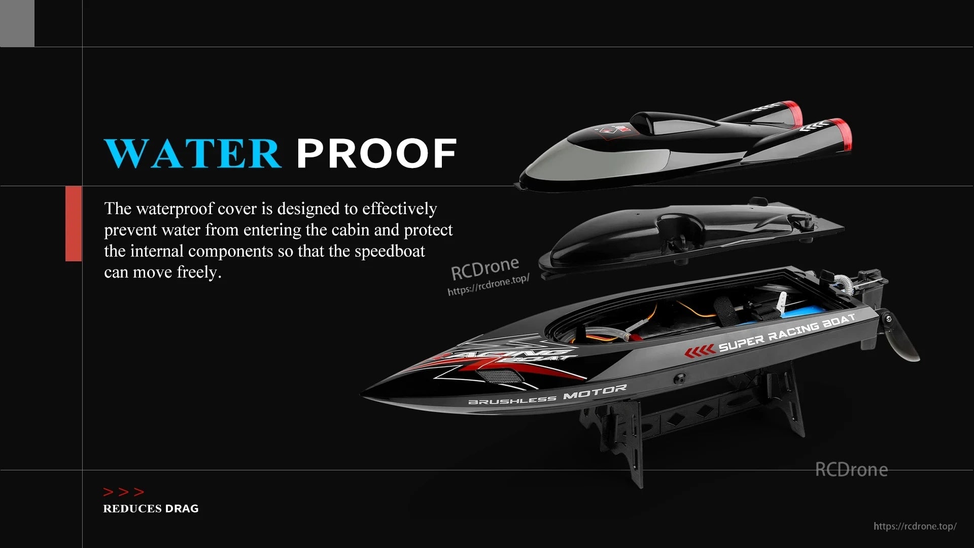 WLtoys WL916 RC Boat, High-speed waterproof RC boat with brushless motor, aerodynamic design reduces drag and shields internal components. Ideal for racing on water.