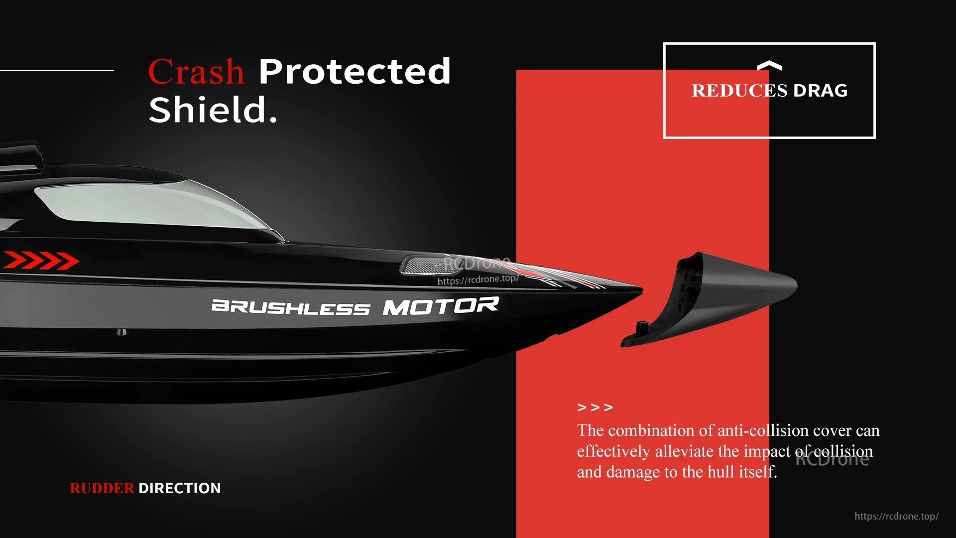 WLtoys WL916 RC Boat, Crash-resistant shield with reduced drag, brushless motor, anti-collision cover, and clear rudder direction indication for enhanced protection and performance.
