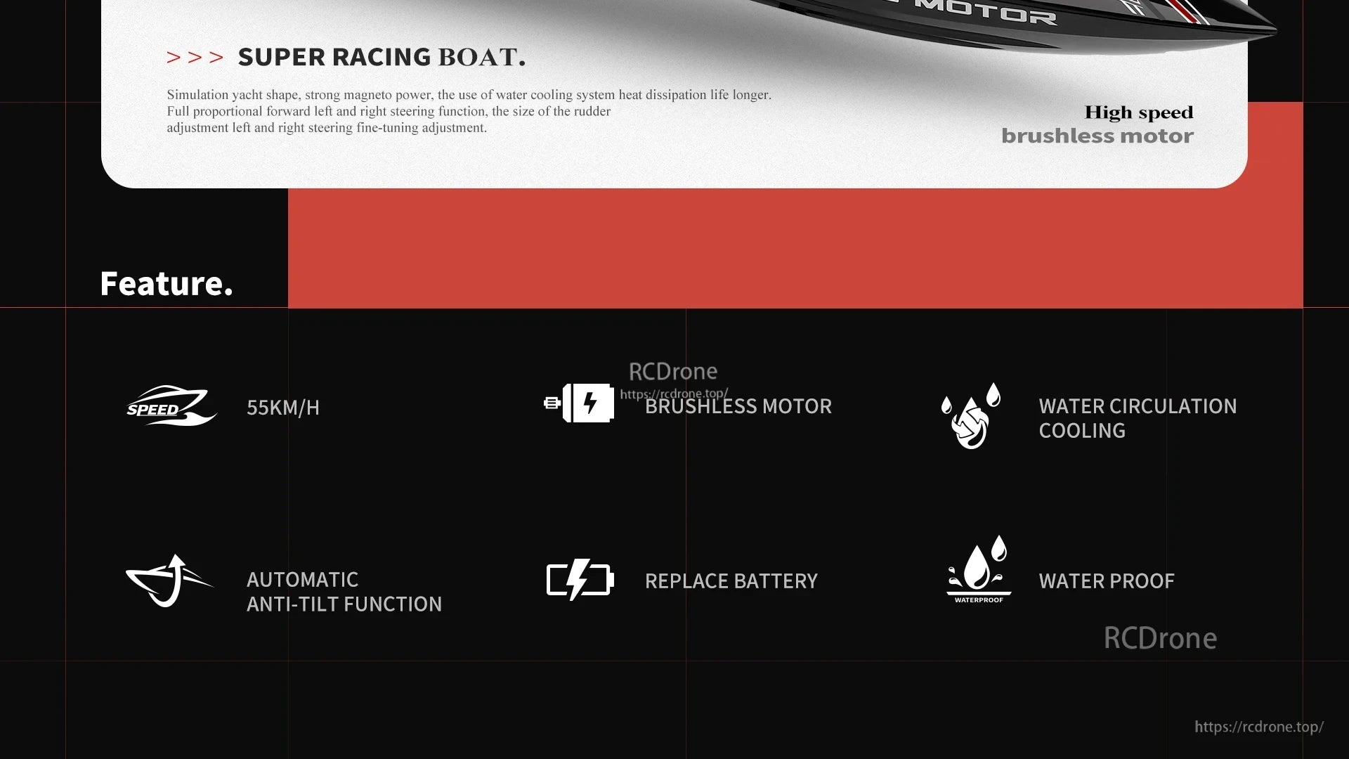 WLtoys WL916 RC Boat, High-speed 55km/h racing boat with brushless motor, waterproof design, cooling system, anti-tilt, and replaceable battery for extended performance.