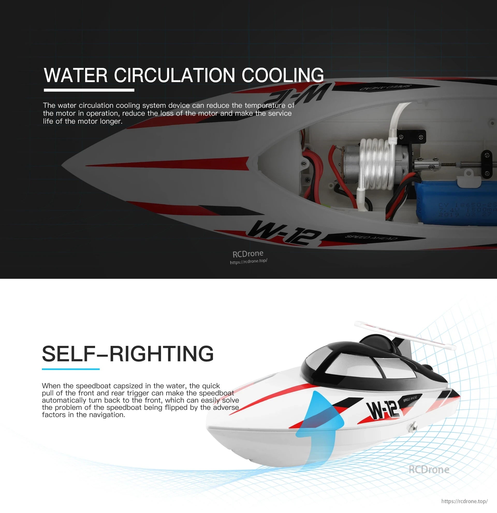 WLtoys WL916 & WL912‑A RC Boat, Water cooling extends motor life; self-righting design ensures stability by automatically correcting capsizing for reliable navigation.