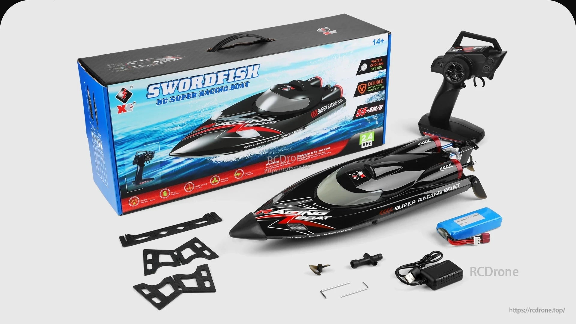 WLtoys WL916 & WL912‑A RC Boat, High-speed Swordfish RC racing boat with brushless motor, water cooling, dual power, 2.4 GHz remote, battery, charger, and accessories—reaches over 55 km/h.