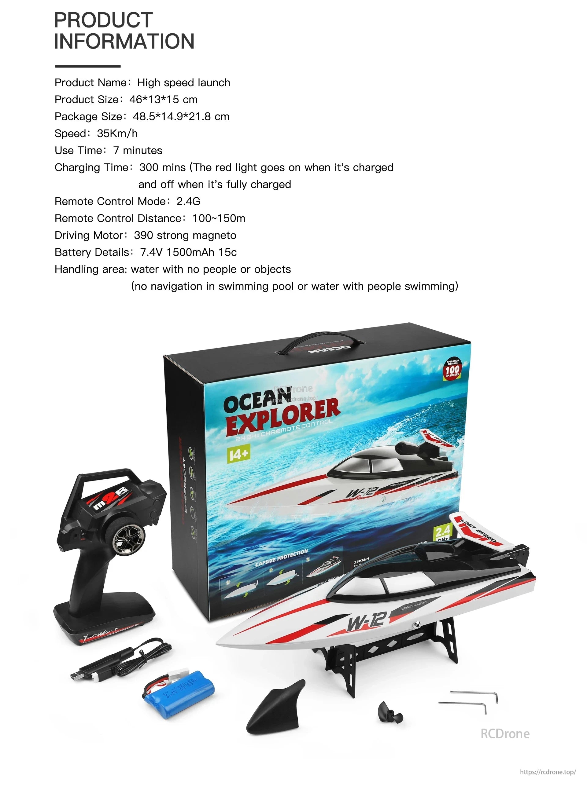 WLtoys WL916 & WL912‑A RC Boat, Ocean Explorer RC boat hits 35km/h, features 2.4G remote, 7-minute runtime, 300-minute charge; includes battery, charger, accessories; best for open water without people or obstacles.