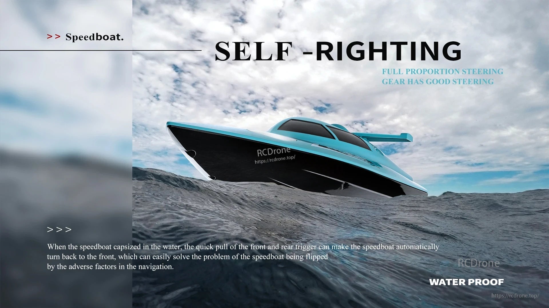 WLtoys WL916 & WL912‑A RC Boat, Self-righting speedboat with full-proportion steering and waterproof design for excellent control and stability in rough waters.