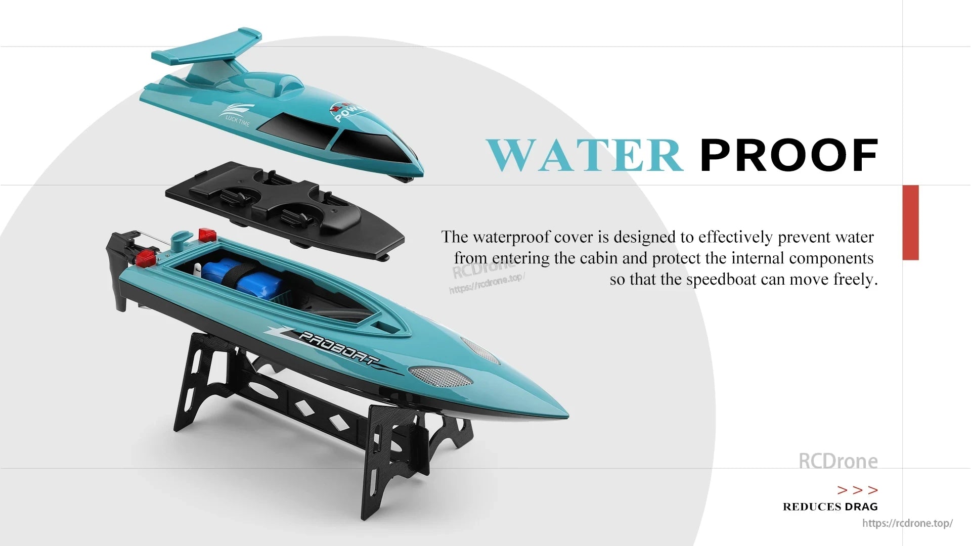 WLtoys WL916 & WL912‑A RC Boat, Waterproof RC boat with protective cover, reduces drag, ensures smooth operation.