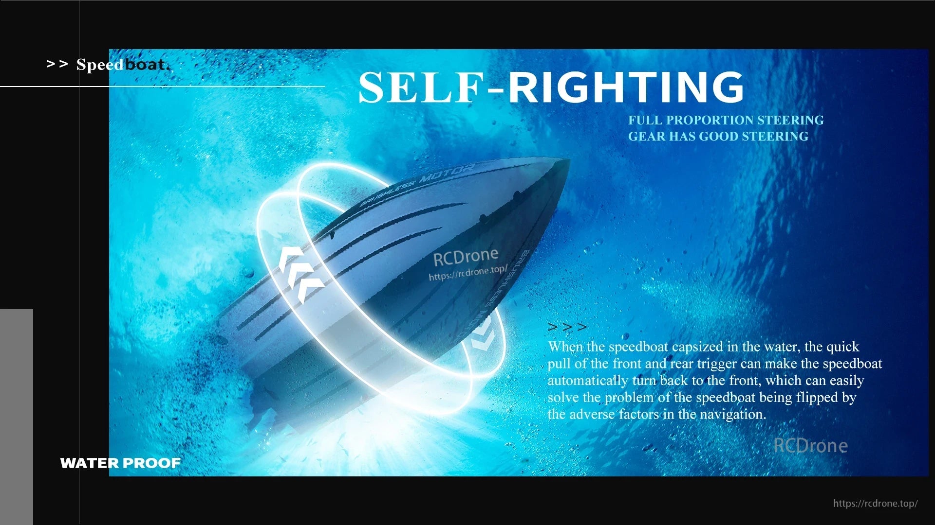 WLtoys WL916 & WL912‑A RC Boat, Self-righting speedboat with proportional steering and waterproof design. Automatically uprights via triggers, ensuring stability in rough water for reliable, durable performance. (24 words)