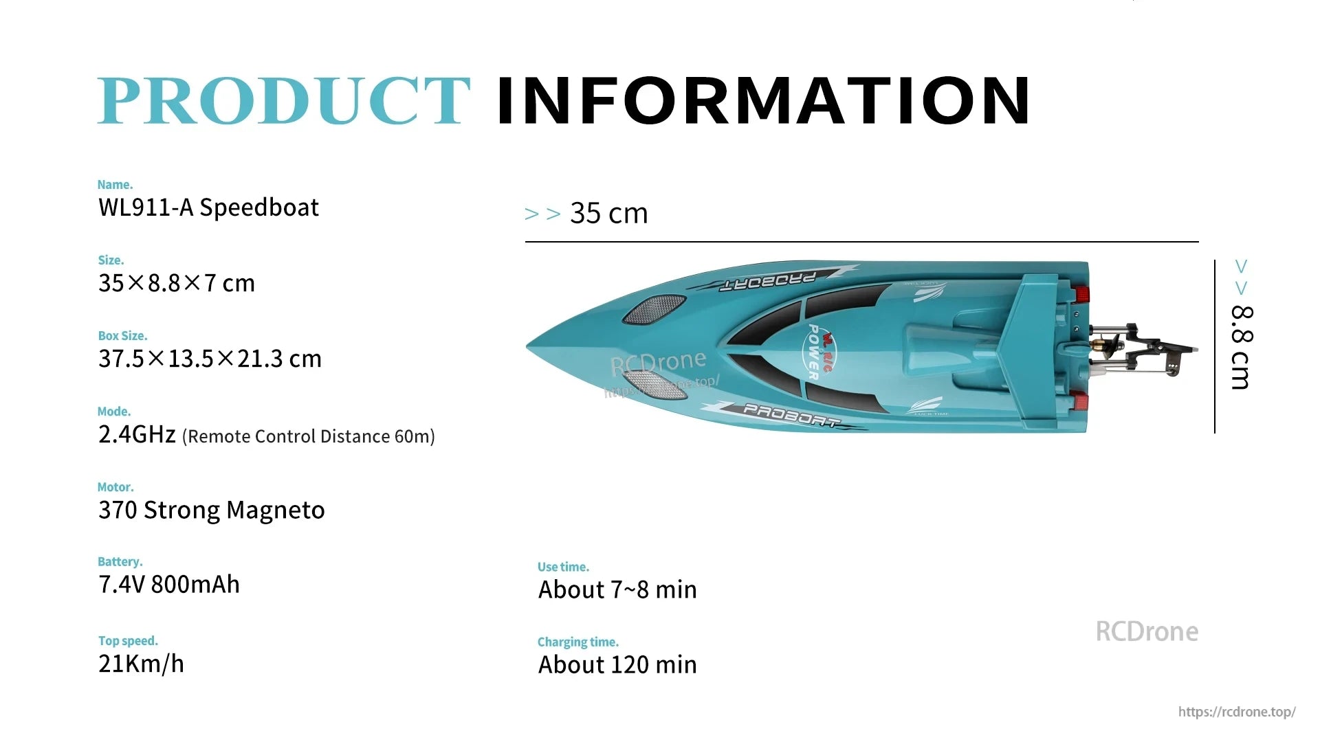 WLtoys WL916 & WL912‑A RC Boat, WL911-A Speedboat: 35×8.8×7 cm, 2.4GHz, 60m range, 7.4V battery, 7–8 min runtime, 21 km/h top speed, blue hull, exposed propeller.