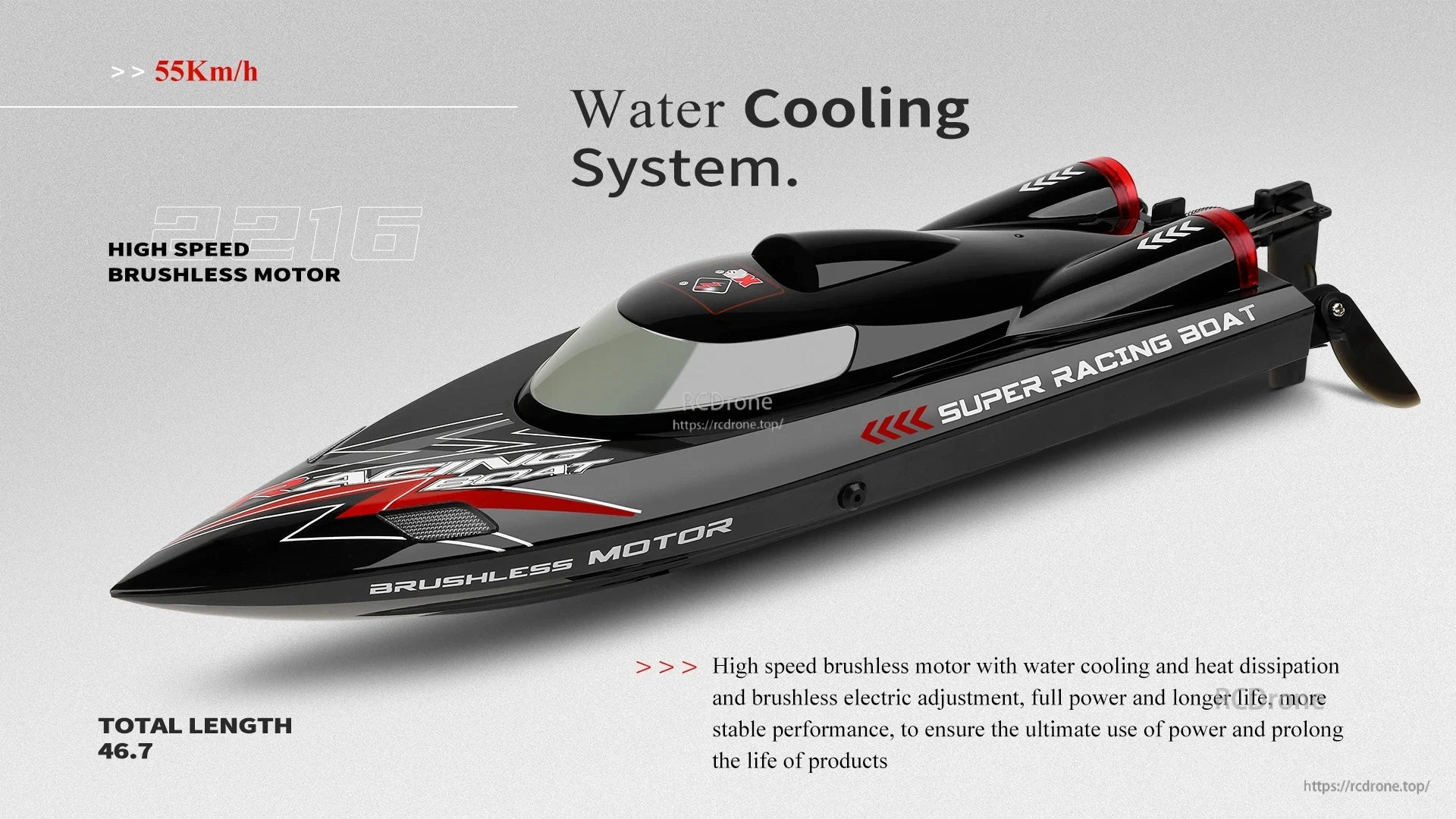 WLtoys WL916 & WL912‑A RC Boat, A 46.7 cm RC boat with brushless motor and water cooling reaches 55 km/h, offering stable performance, efficient cooling, and extended lifespan for durable high-speed use.