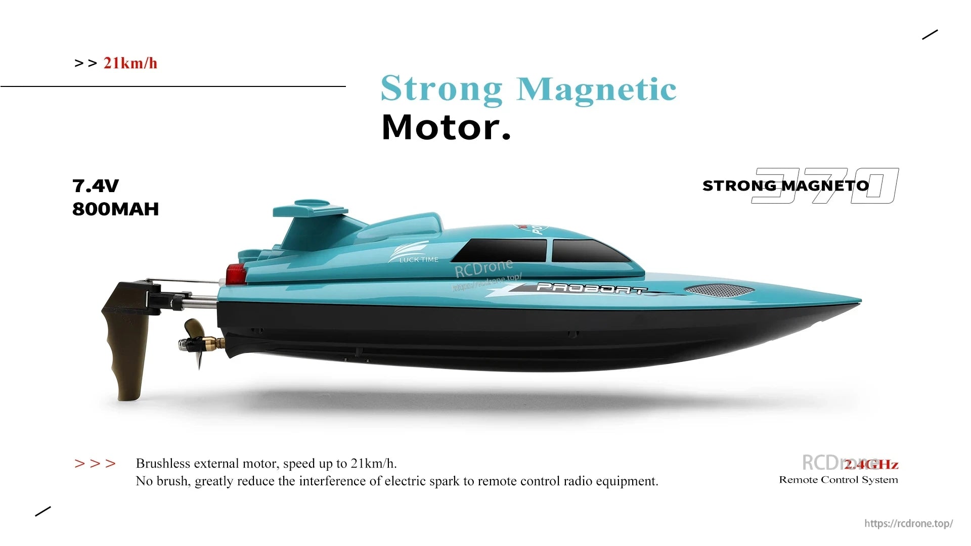 WLtoys WL916 & WL912‑A RC Boat, Powerful brushless motor, 21km/h speed, 7.4V 800mAh battery, 2.4GHz remote control; PROBOAT LUCK-TIME STRONG MAGNETO 370.