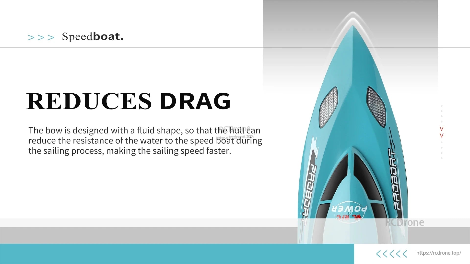 WLtoys WL916 & WL912‑A RC Boat, Sleek, fluid bow speedboat design reduces drag and water resistance, enhancing sailing speed and performance.