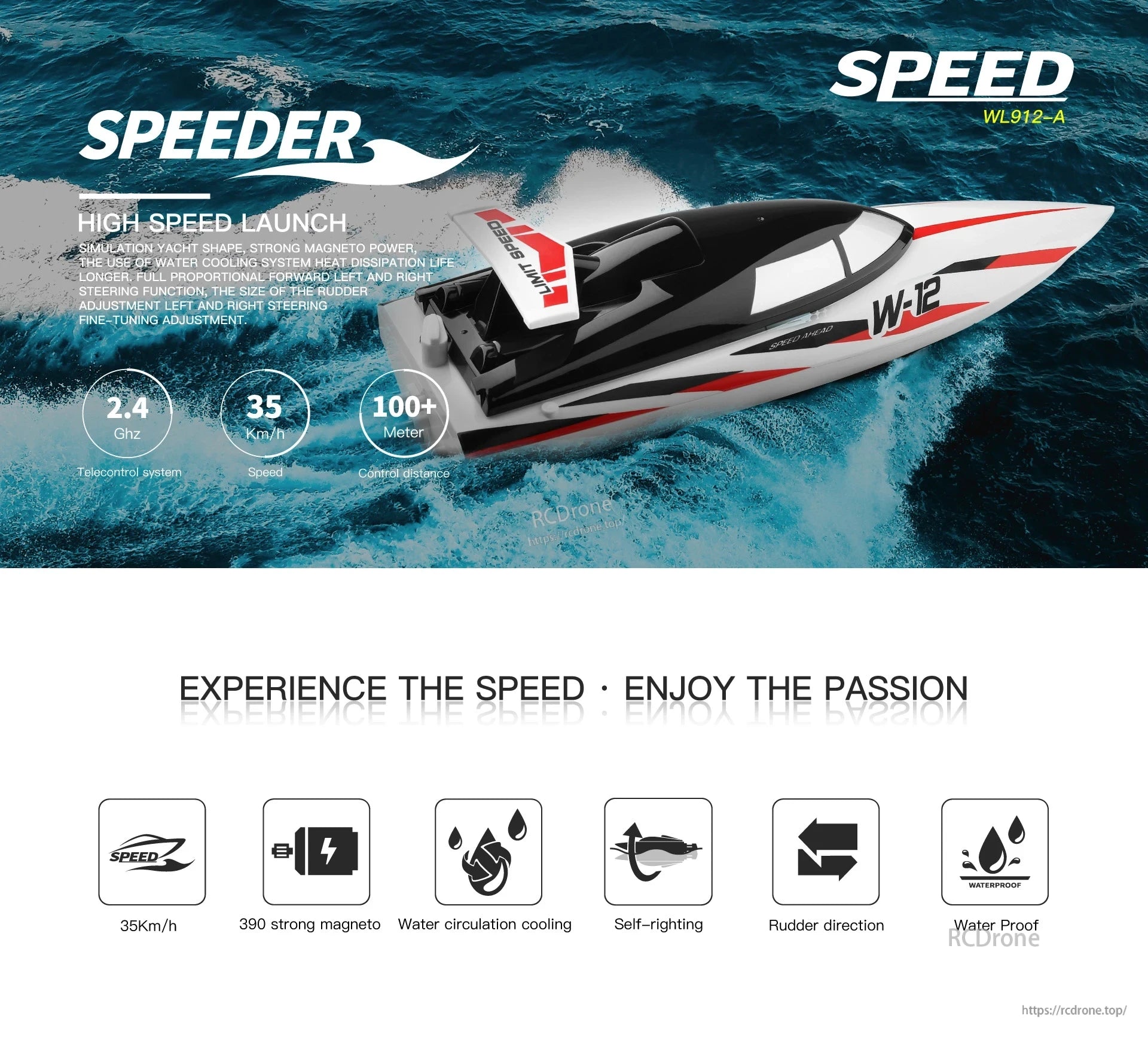 WLtoys WL916 & WL912‑A RC Boat, High-speed RC boat with 2.4GHz control, 35km/h, 100+ meter range, water cooling, self-righting, rudder adjustment, and waterproof design for reliable performance. (24 words)