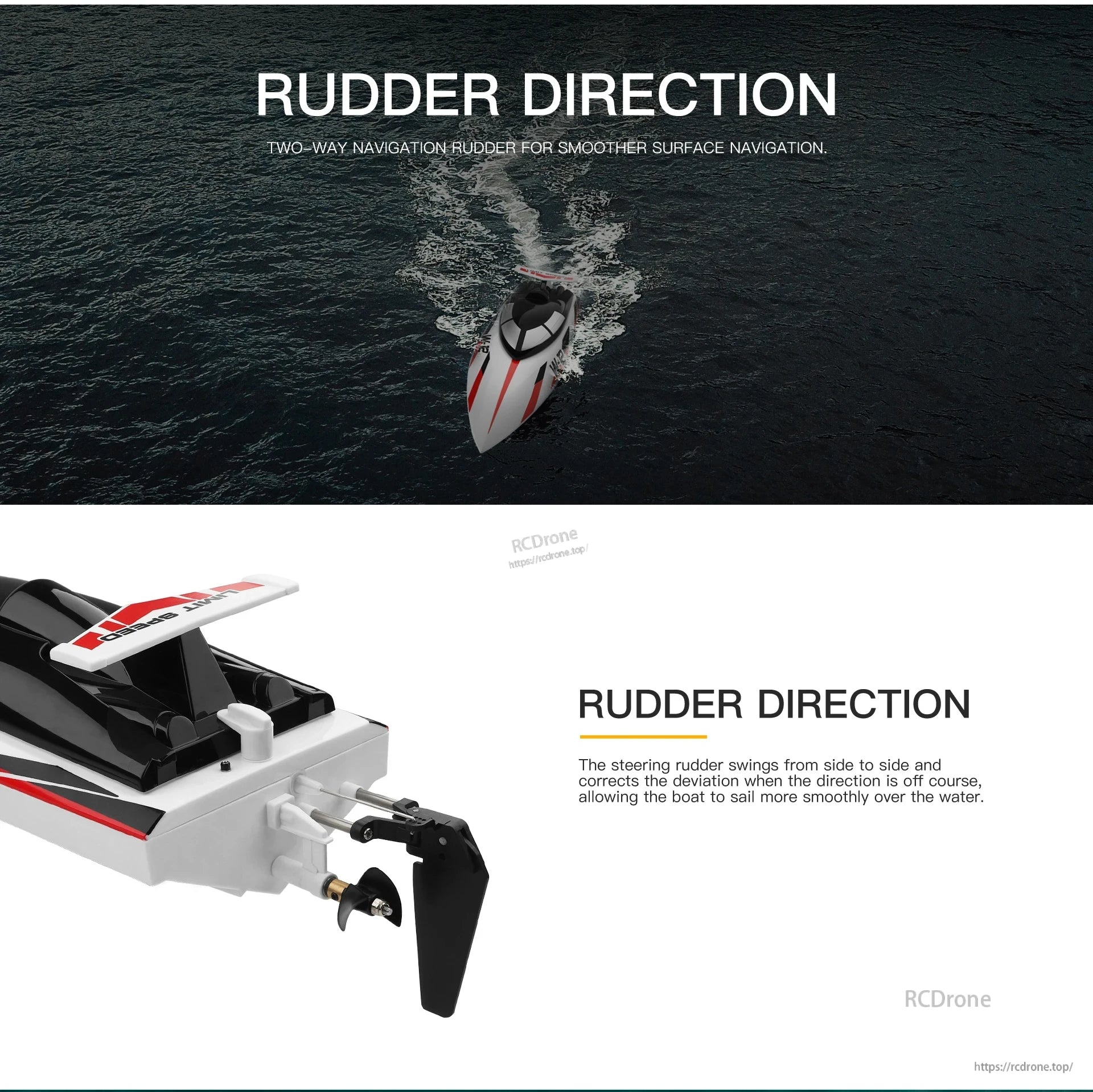WLtoys WL916 & WL912‑A RC Boat, Two-way rudder allows smooth surface navigation by swinging side to side to correct course deviations.