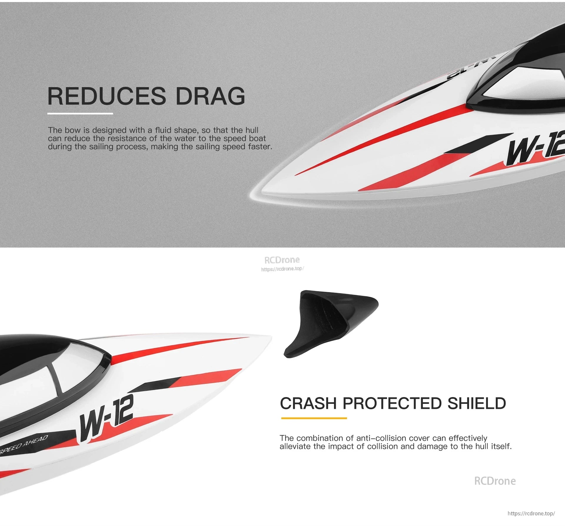 WLtoys WL916 & WL912‑A RC Boat, Streamlined fluid bow reduces drag for speed; crash-protected shield minimizes damage; features W-12 branding and sleek, aerodynamic design. (24 words)