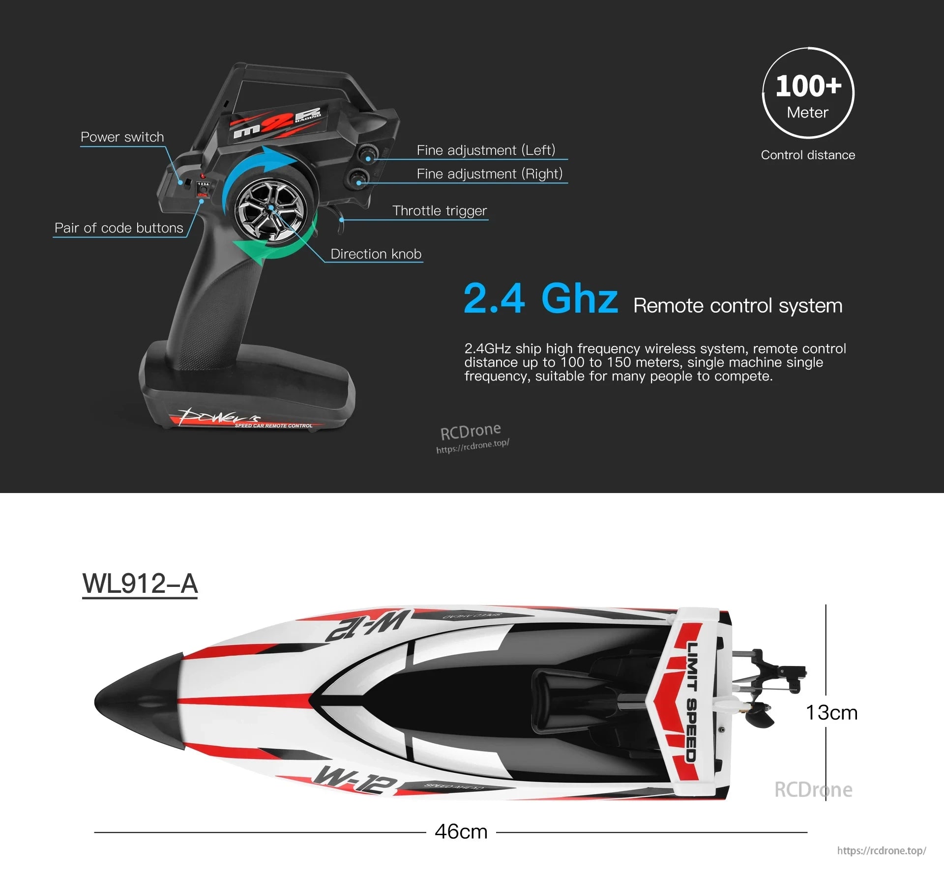 WLtoys WL916 & WL912‑A RC Boat, RC boat with 2.4 GHz remote offers 100+ meter range, high-speed performance, sleek design, and stable single-frequency operation for competition use.