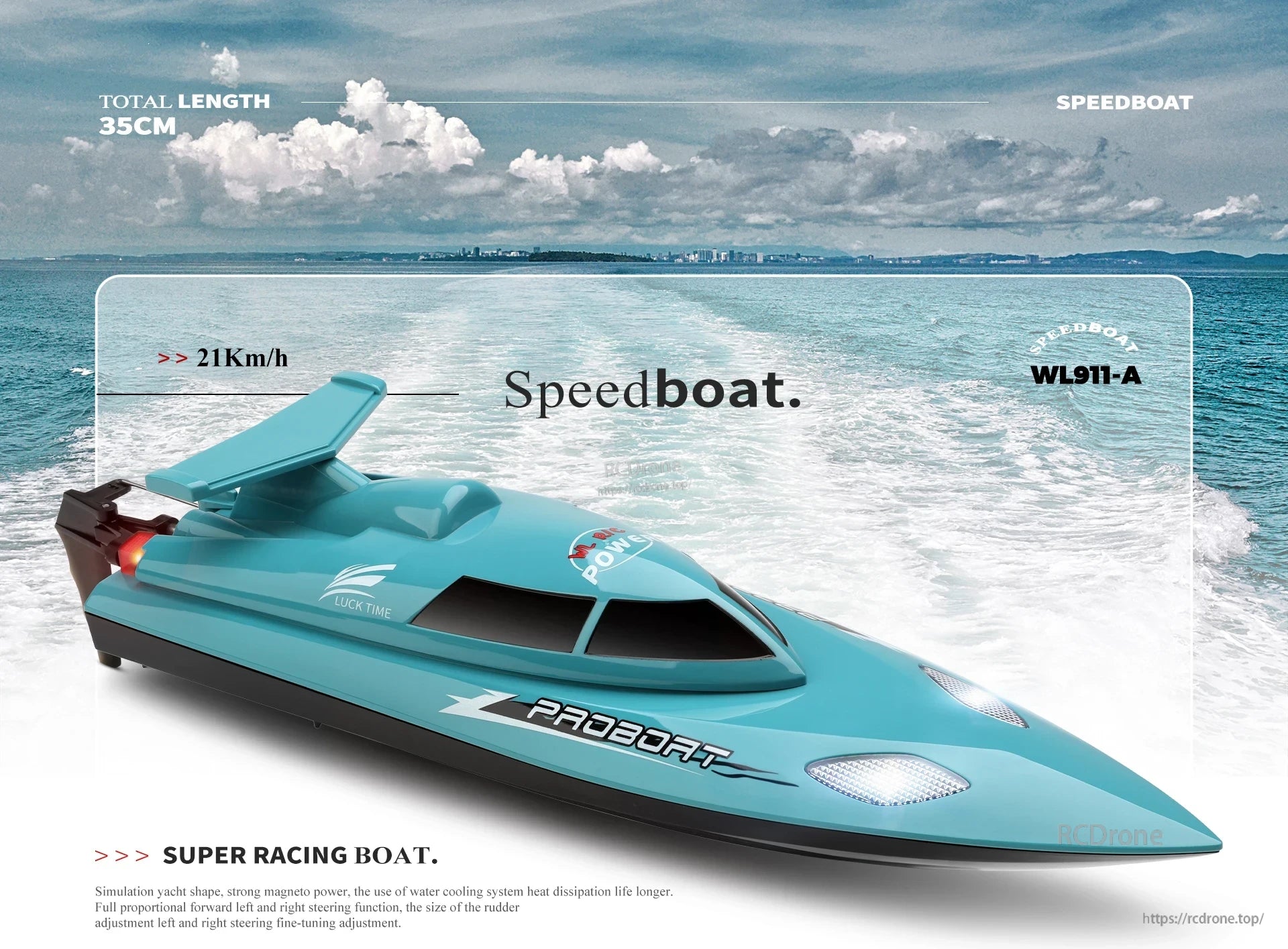WLtoys WL916 & WL912‑A RC Boat, The 35cm WL911-A speedboat reaches 21 km/h, features LED lights, proportional steering, water-cooled magneto, and a yacht design—ideal for high-speed racing. (24 words)