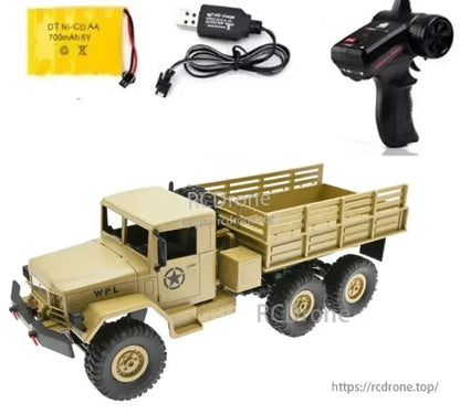 WPL B16 1:16 6WD Rc Car, WPL B16 1:16 scale 6WD RC truck with 2.4G remote, LED lights, 15km/h speed, 20–30min runtime, includes NiCd battery and charger.