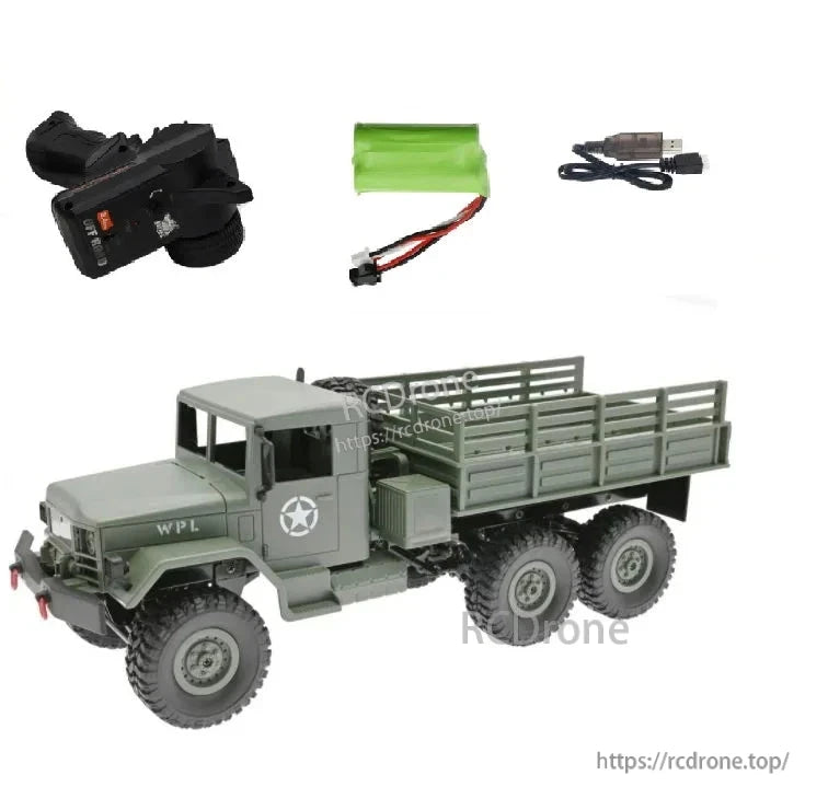 WPL B16 1:16 6WD Rc Car, WPL B16 1:16 scale 6WD RC truck with 2.4G remote, 15km/h speed, LED lights, 20–30min runtime, 6V 700mAh NiCd battery, ready-to-run off-road vehicle.