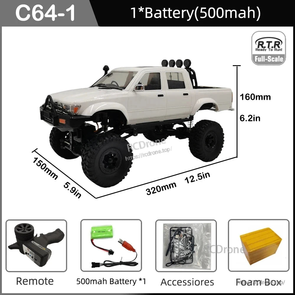WPL C64-1 RC Car 1:16 2.4G 4WD Remote Control Pick-up Truck with LED Headlights, 7.4V USB Charging, Off-Road RTR