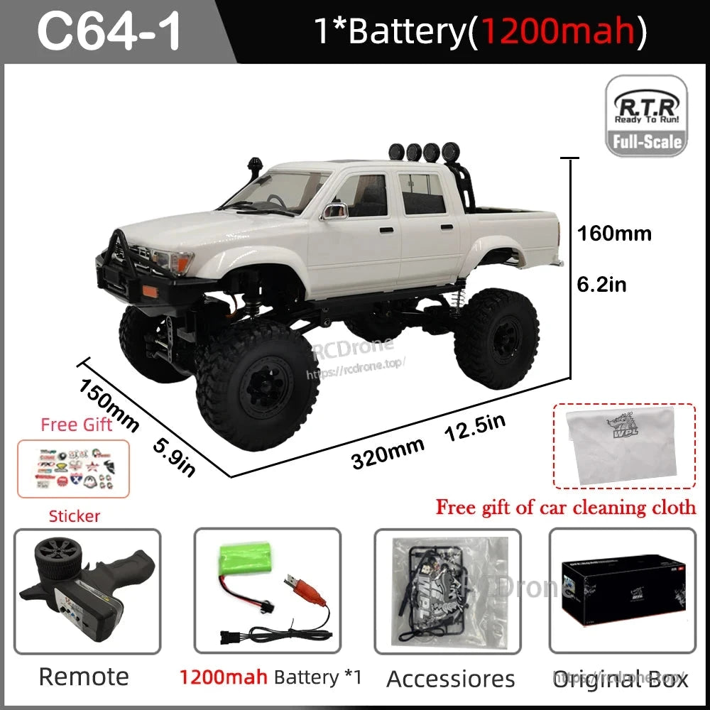 WPL C64-1 RC Car, WPL C64-1 1:16 scale 2.4G 4WD RC pick-up truck with LED lights, USB charging, 1200mAh battery, remote, and accessories. RTR off-road model, dimensions 320x150x160mm.