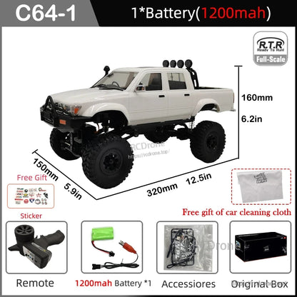 WPL C64-1 RC Car, WPL C64-1 1:16 scale 2.4G 4WD RC pick-up truck with LED lights, USB charging, 1200mAh battery, remote, and accessories. RTR off-road model, dimensions 320x150x160mm.