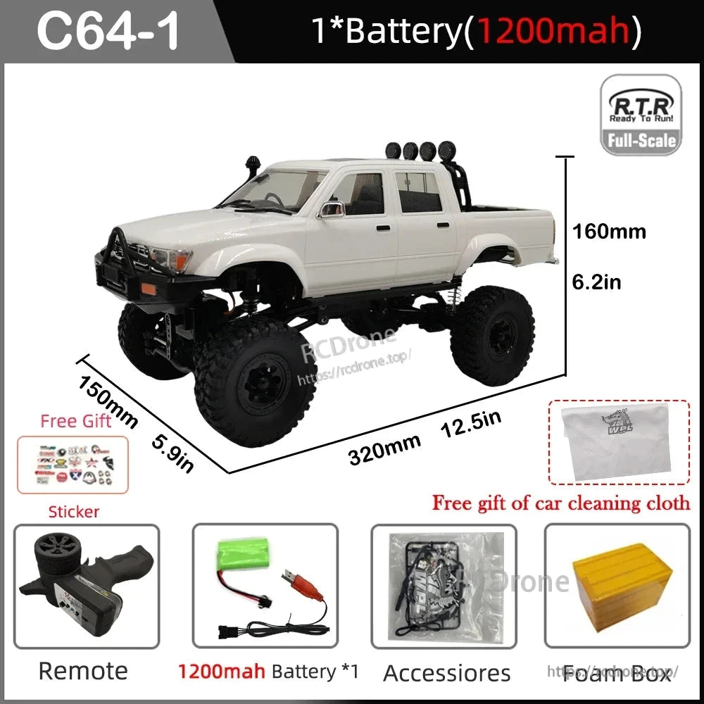 WPL C64-1 RC Car, WPL C64-1 1:16 scale 4WD RC pickup truck with LED lights, USB-charged 7.4V battery, remote, accessories, and foam box; dimensions 320x150x160mm.