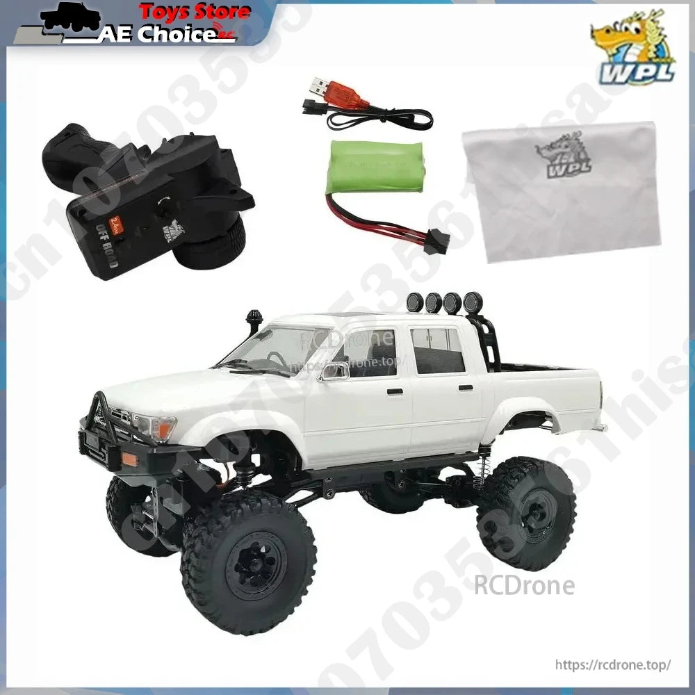 WPL C64-1 RC Car, 1:16 scale remote control pick-up truck with LED headlights and USB charging for rugged terrain exploration.
