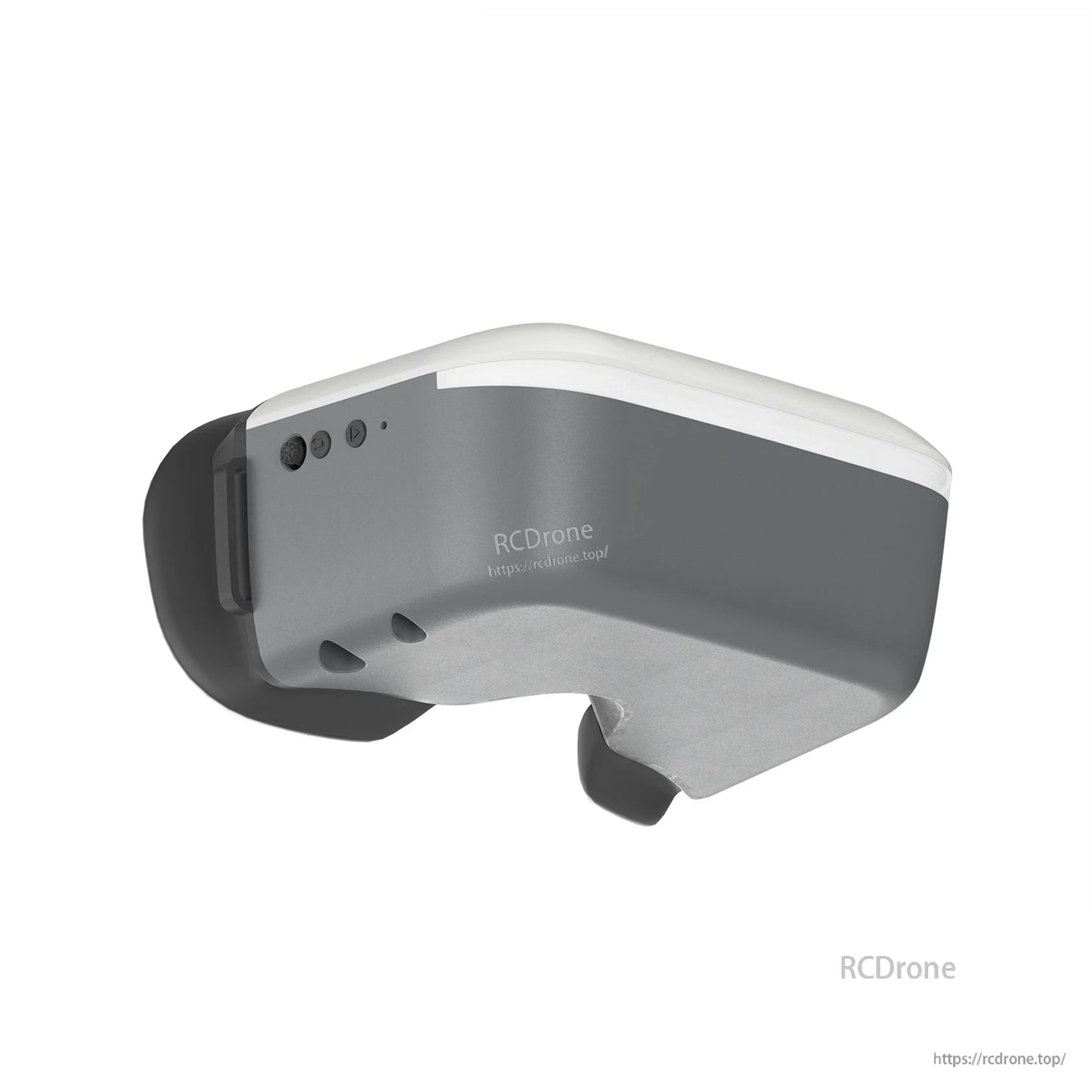 Side underside view of goggles showing button controls and lower nose contour on the housing