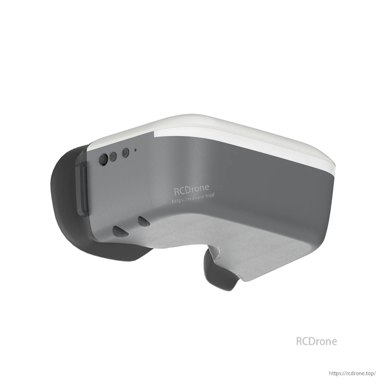 Side underside view of goggles showing button controls and lower nose contour on the housing