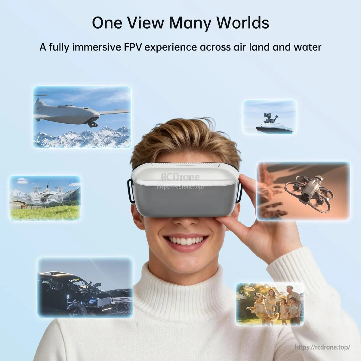 FPV goggles lifestyle graphic showing immersive viewing across air, land, and water activities