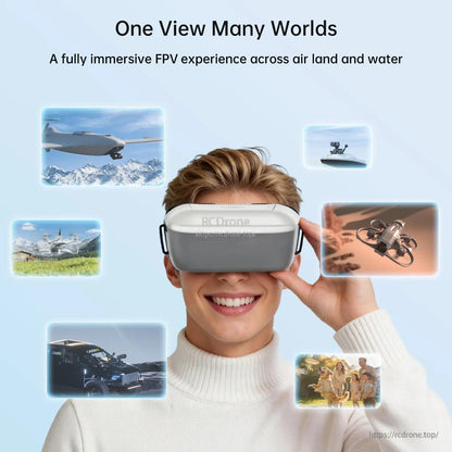 FPV goggles lifestyle graphic showing immersive viewing across air, land, and water activities