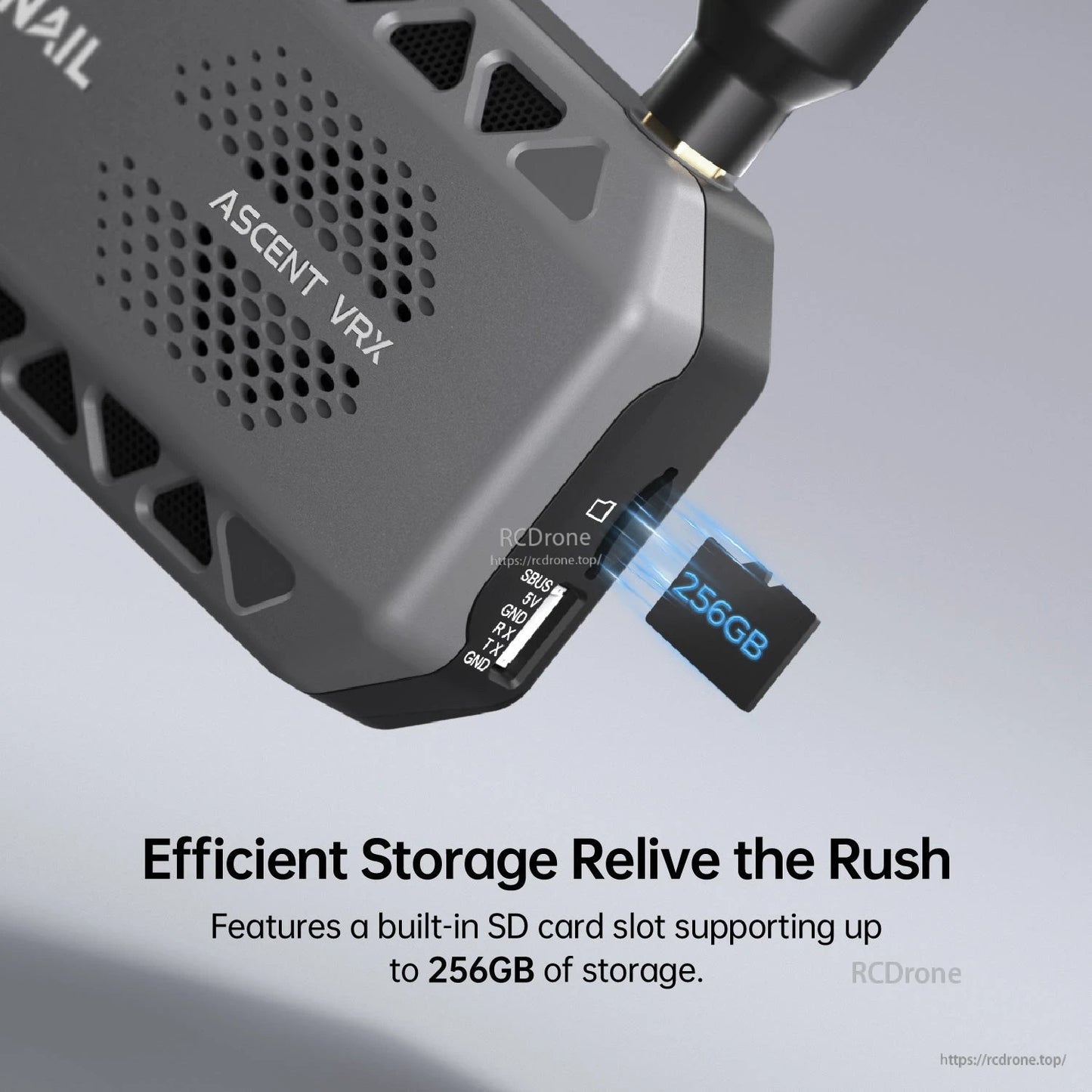 Built-in SD card slot close-up with card inserted, showing support for up to 256GB storage