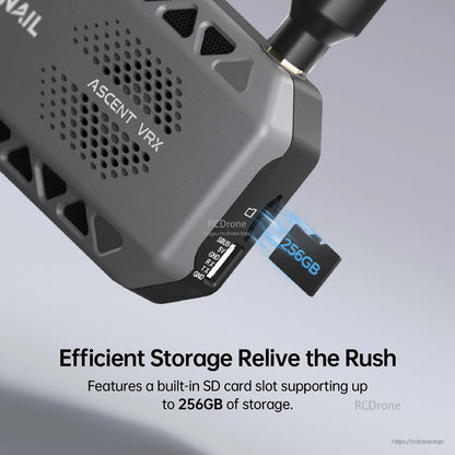 Built-in SD card slot close-up with card inserted, showing support for up to 256GB storage