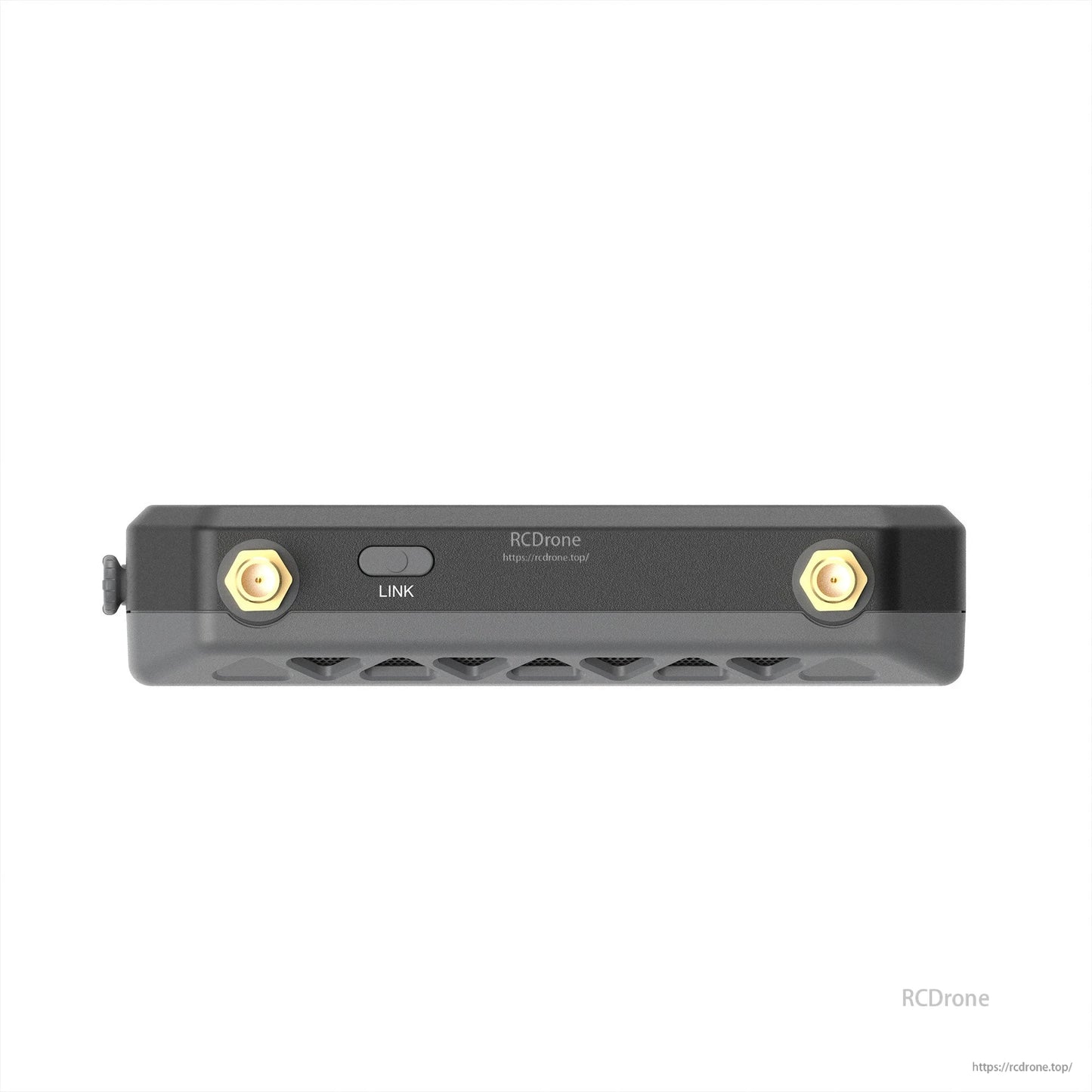 Antenna connector side view with two gold RF ports and LINK button on the receiver