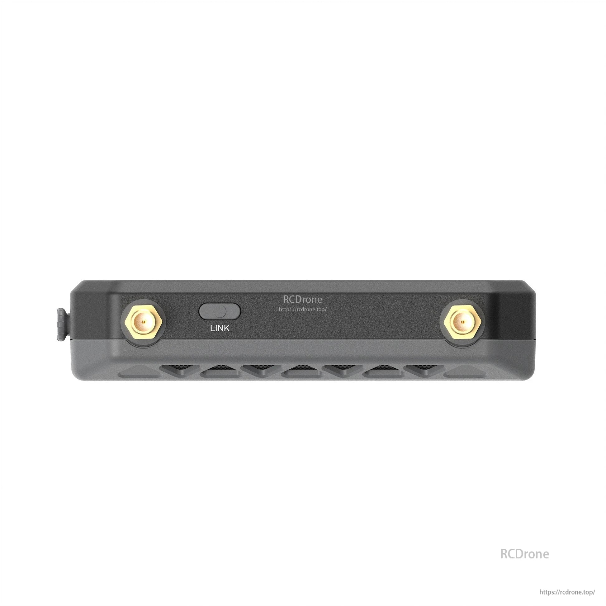 Antenna connector side view with two gold RF ports and LINK button on the receiver